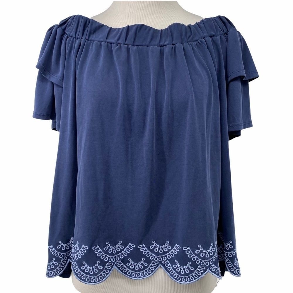 Alya Blue Embroidered Hem Off the Shoulder Top‎